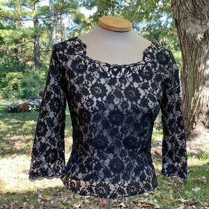 Vintage Black Lace Fitted Top, Lined Side-zip Cutout Neckline Sexy